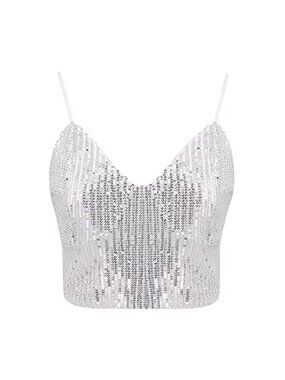 Sequin Crop Tank Top with Adjustable Straps & Back Zipper, V-Neck Sleeveless